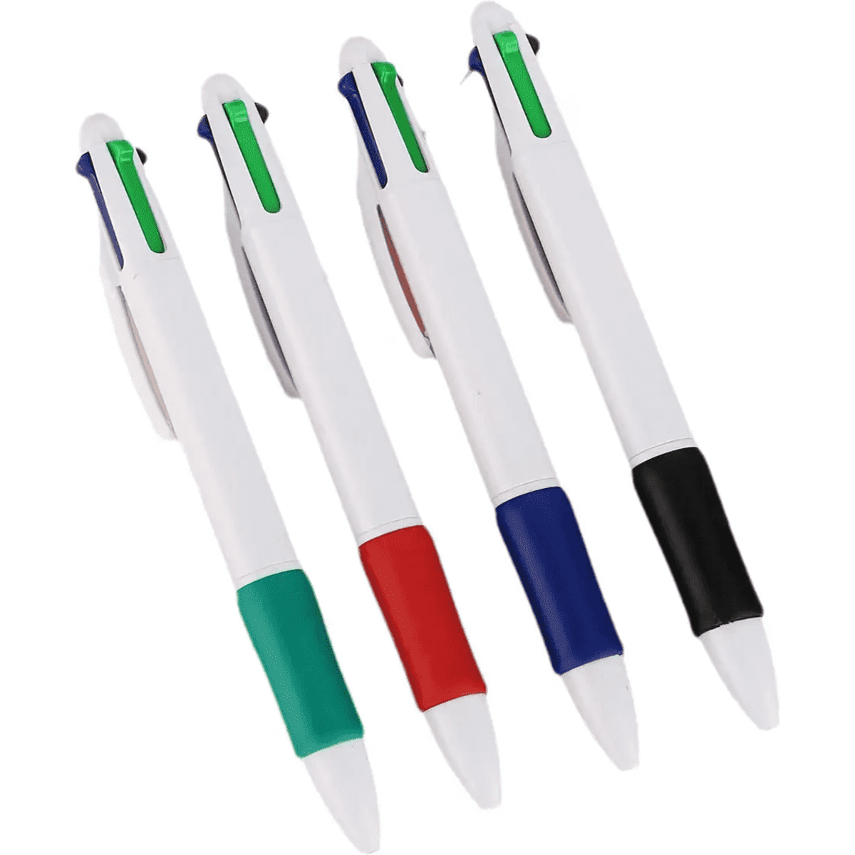 A set of four plastic ballpoint pens in green, red, blue, and black, featuring a white body and a logo.