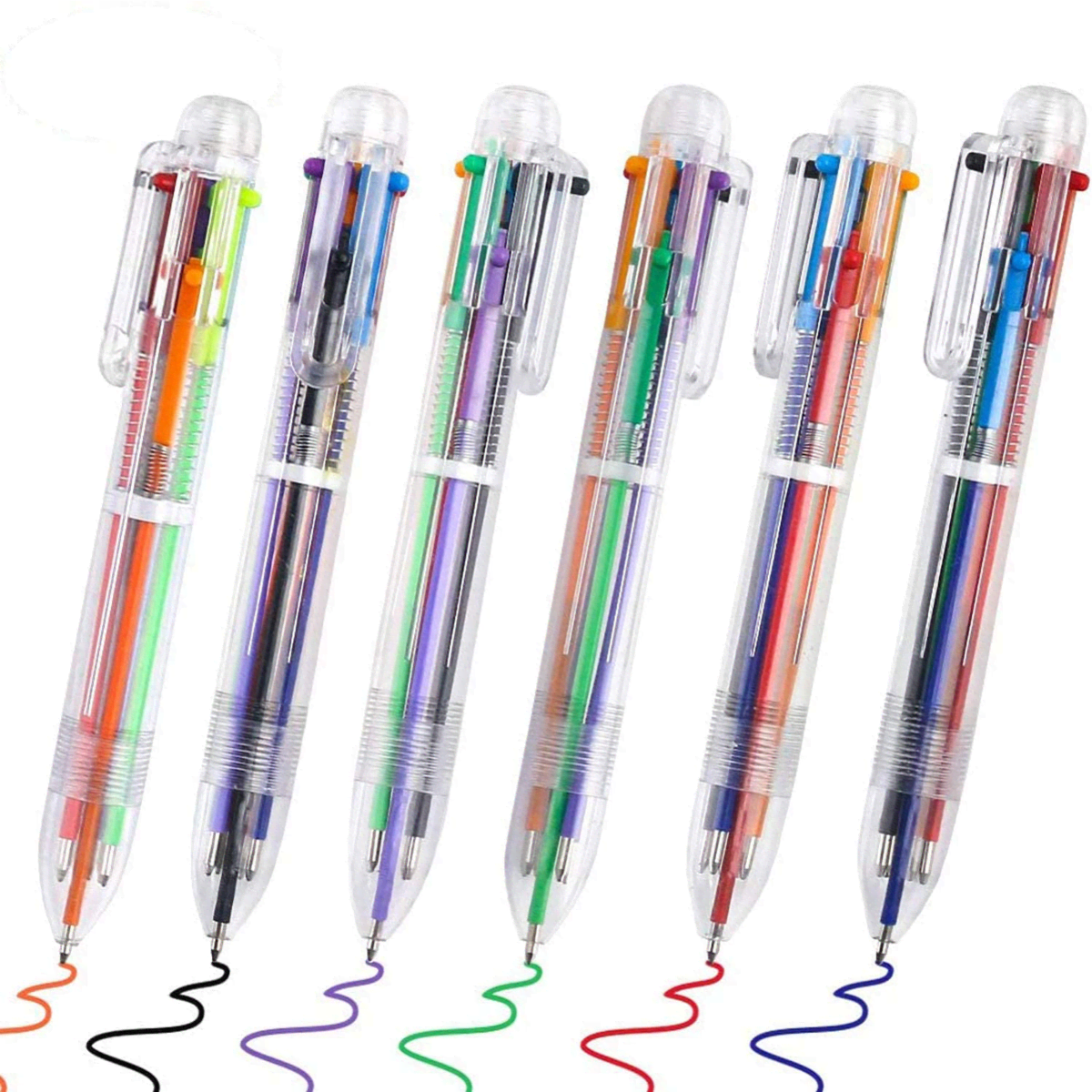 A multicolour pen featuring six different ink colours in a transparent plastic casing with a clip and branding.