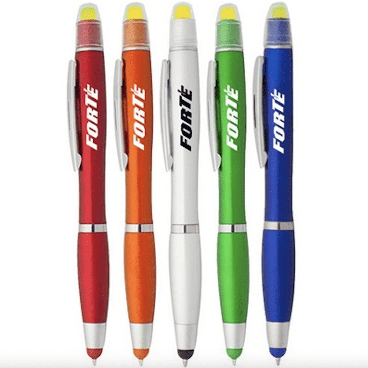 A collection of five gel highlighter stylus pens in red, orange, white, green, and blue, each featuring a logo.
