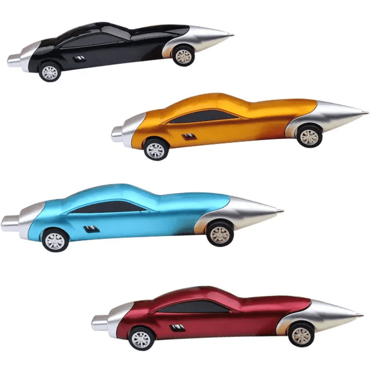 A collection of four race car-shaped pens in black, orange, blue, and red, featuring silver accents. Each pen has a logo.