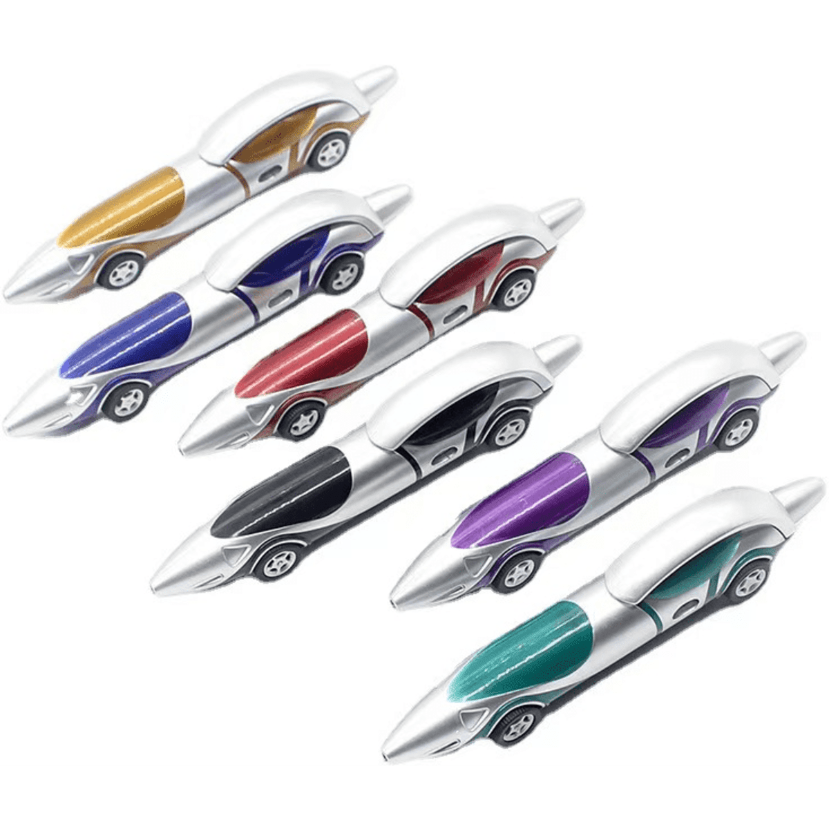 A set of race car-shaped ballpoint pens in various colours: gold, blue, red, black, purple, and green, with silver accents.