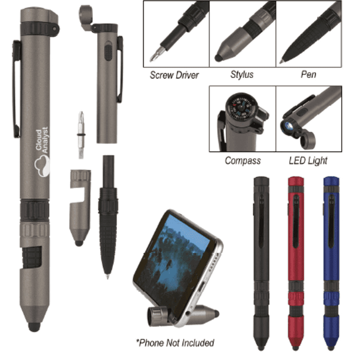 A 6-in-1 tool pen in grey with additional components displayed, including a compass and LED light, alongside red and blue options.