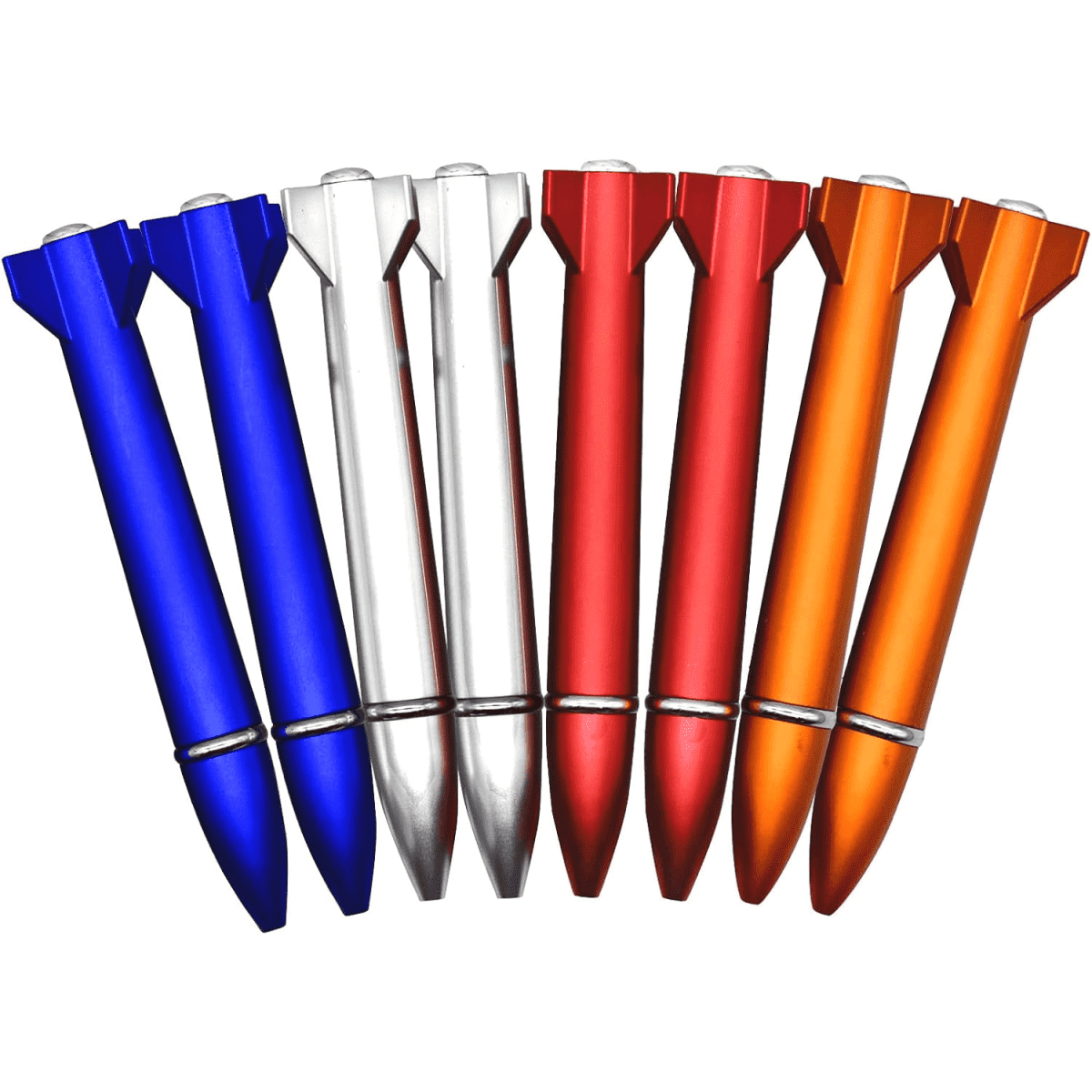 A set of mini rocket-shaped pens in blue, silver, red, and orange, featuring a logo on each pen.