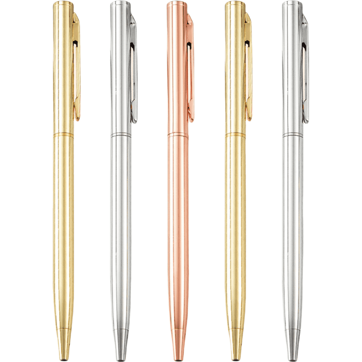 A collection of slim ballpoint pens in gold, rose gold, silver, and chrome finishes, featuring clips and branding.