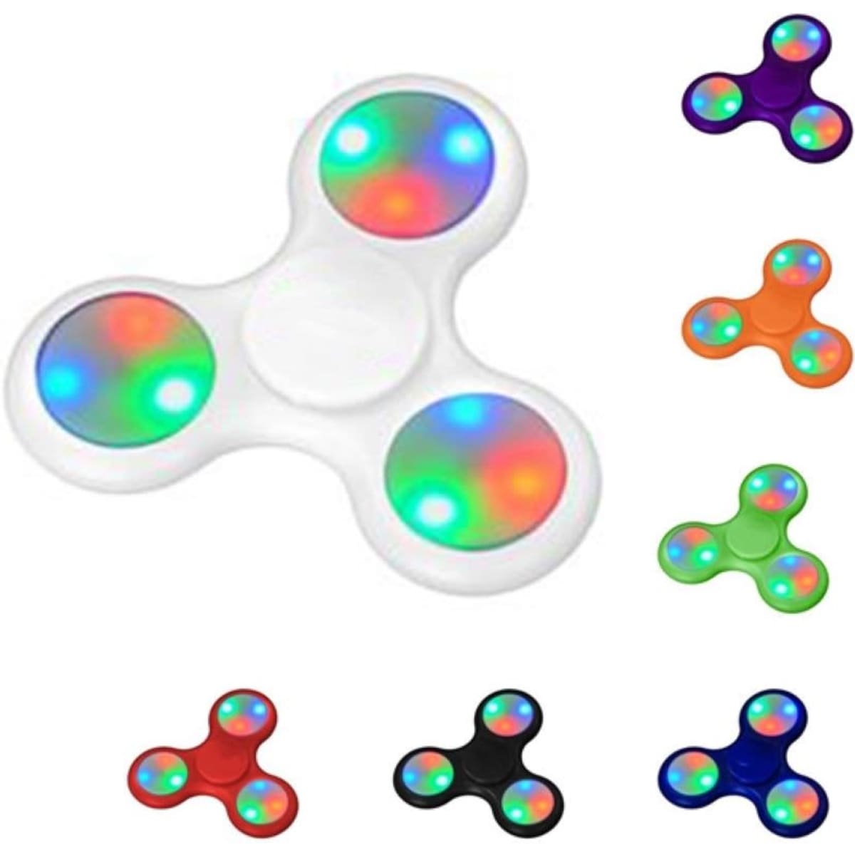 A white fidget spinner with multicoloured lights, surrounded by variations in purple, orange, green, and black.