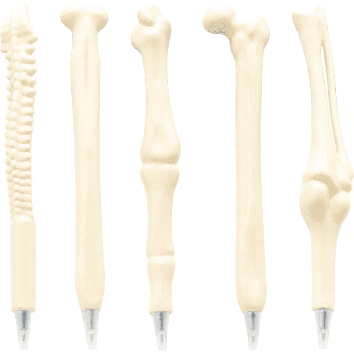 Five plastic pens designed in the shape of bones, primarily in cream or ivory tones, with a metallic tip.