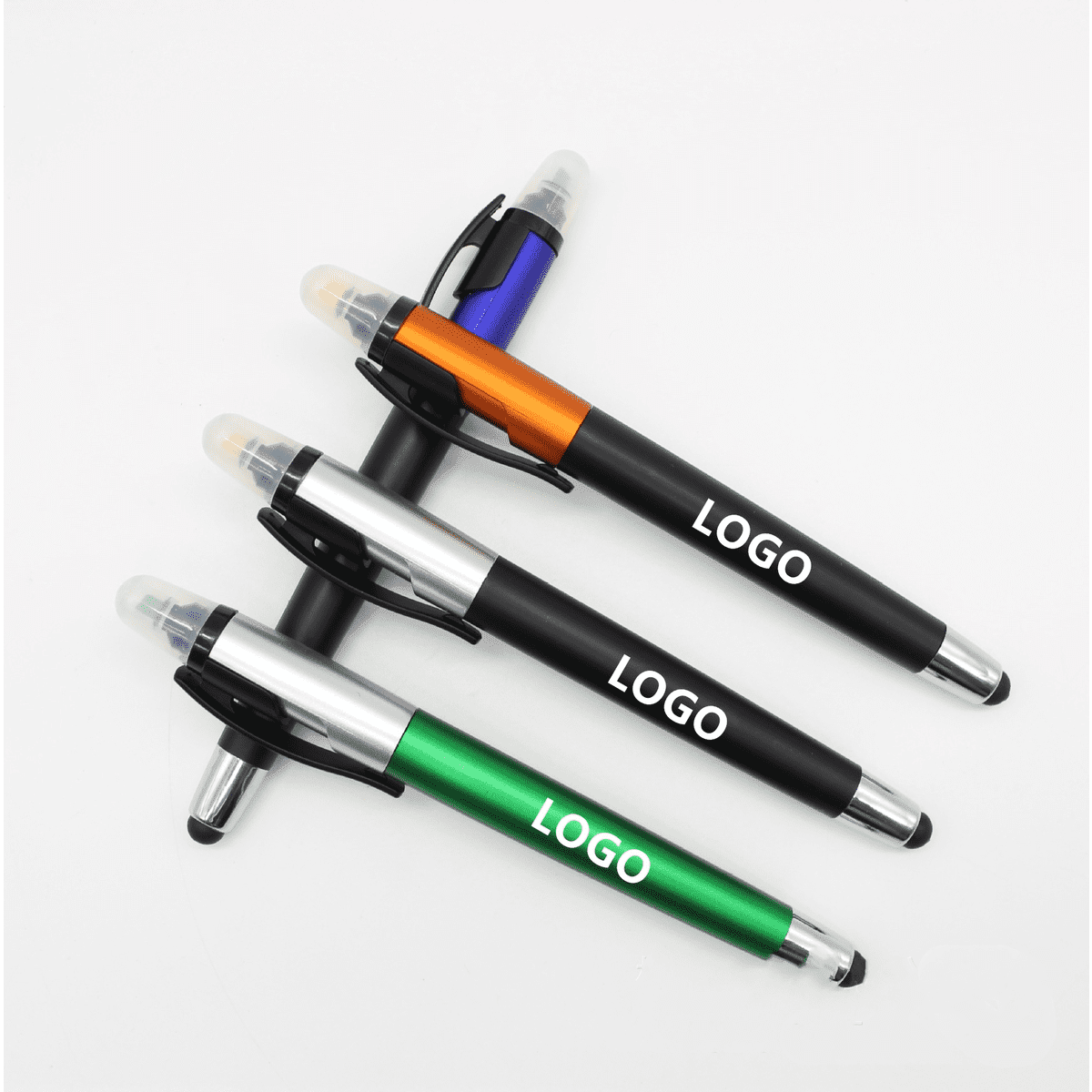 A 3-in-1 highlighter stylus pen set in green, orange, black, and silver, featuring logos on each pen.