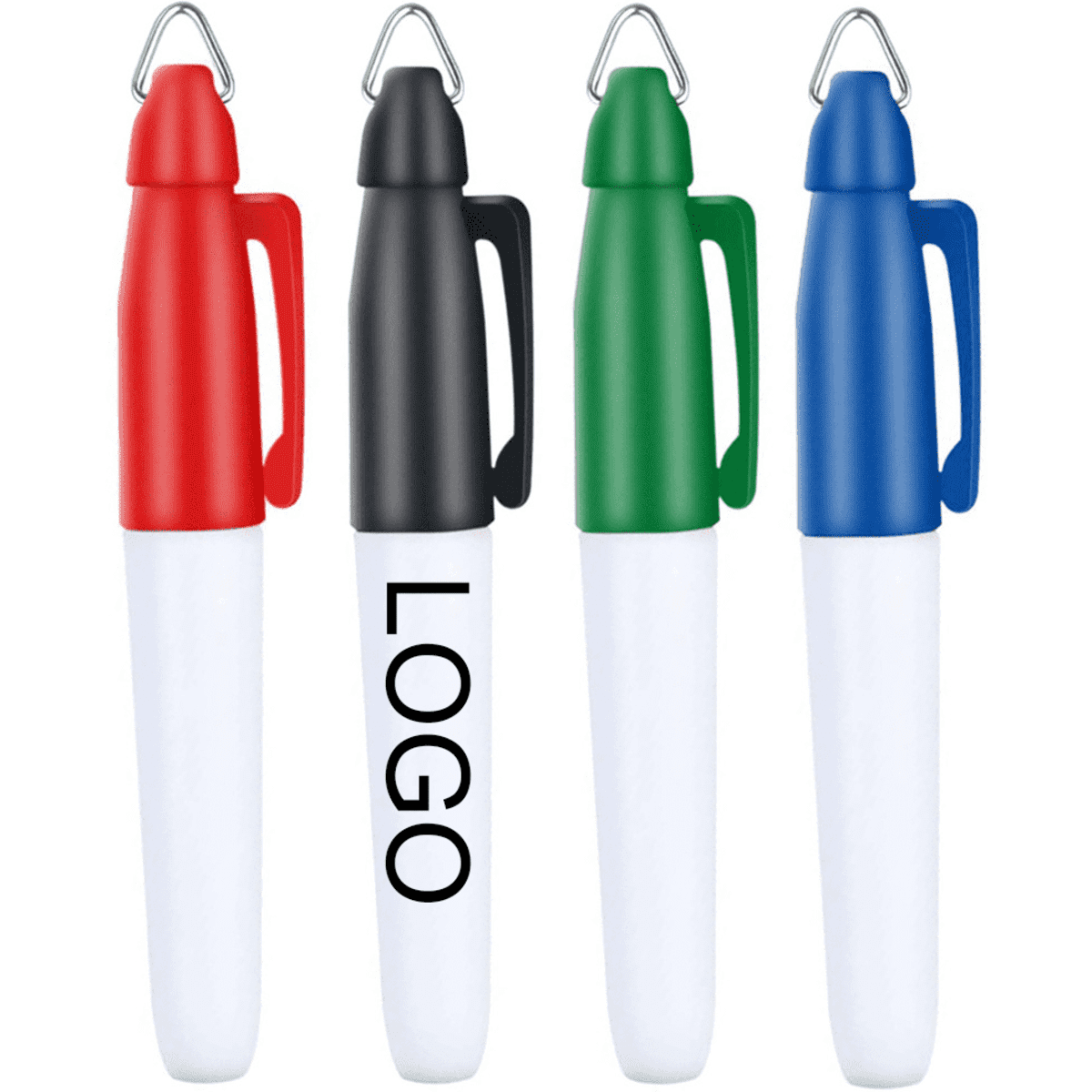 Mini markers in red, black, green, and blue with a key chain clip, featuring a branding logo on one.