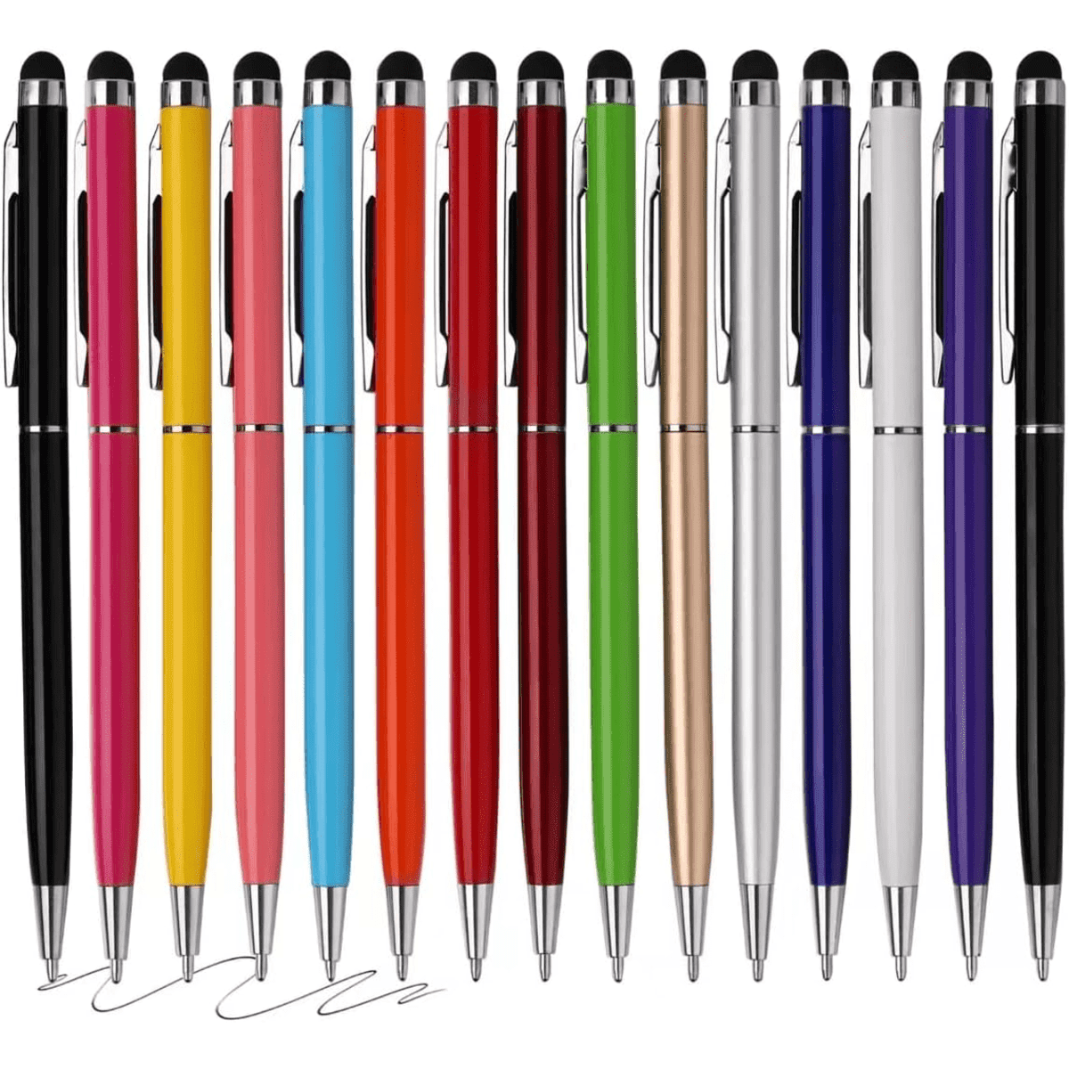 A collection of Slim Stylus Ballpoint Pens in various colours, featuring a sleek design and a logo on the clip.