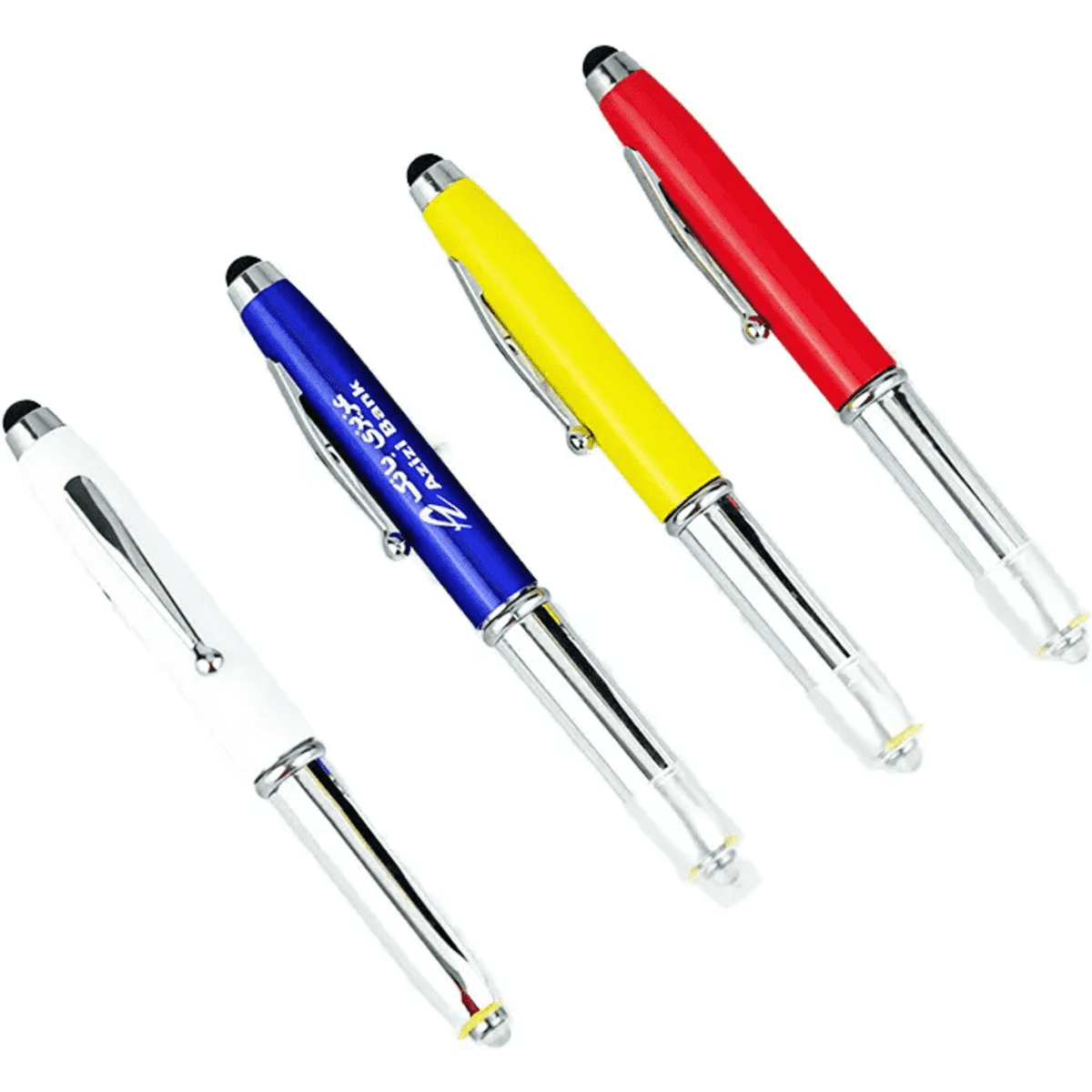 Stylus pens in red, yellow, blue, and white with chrome accents and a built-in LED flashlight.