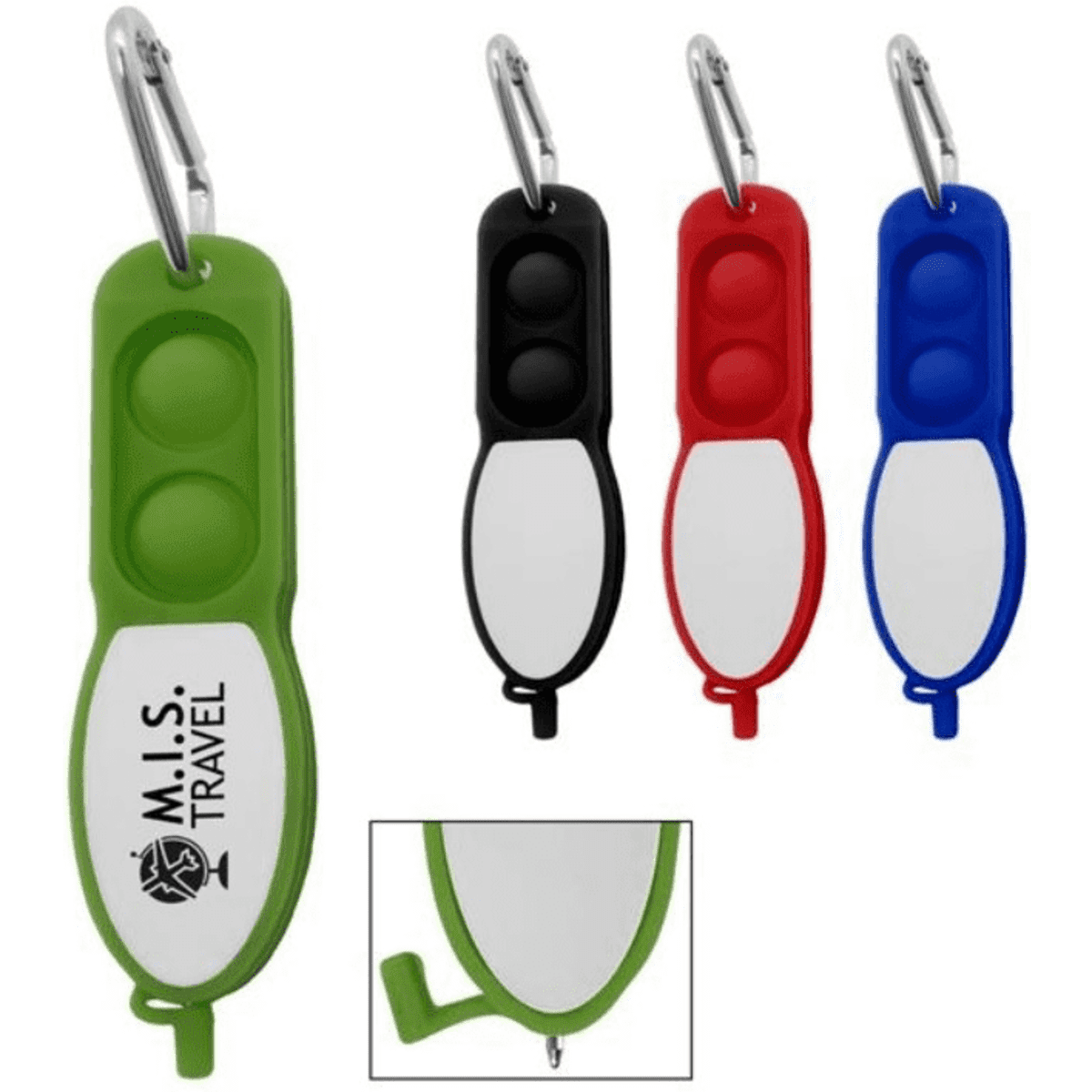 A set of four Push Pop Pens with carabiners in green, black, red, and blue, each featuring a logo.