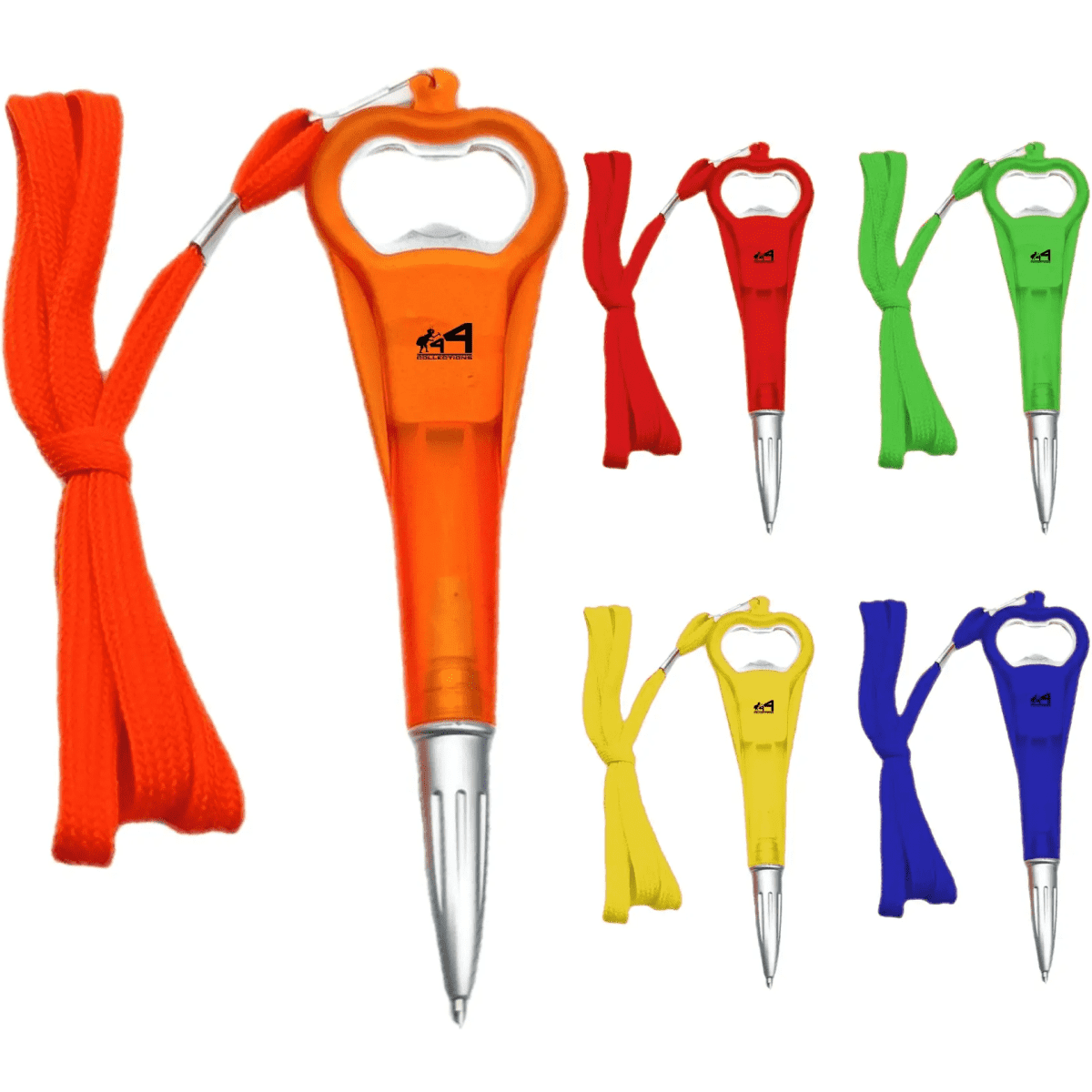A drink bottle opener ballpoint pen in orange, green, yellow, blue, and red, with attached strings and a logo.