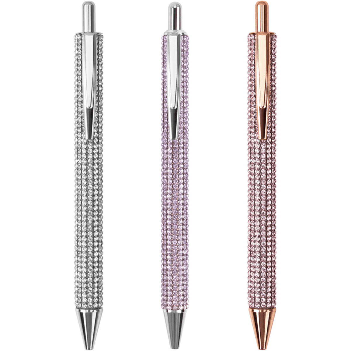 A set of three rhinestone pens in silver, purple, and rose gold, each featuring a shiny rhinestone embellishment.