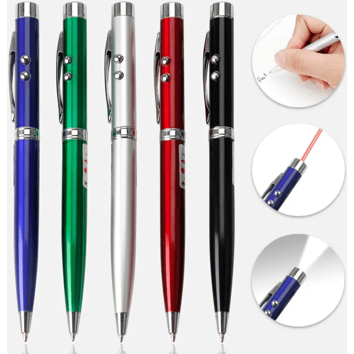 A collection of five 3-in-1 laser pointer pens in blue, green, silver, red, and black, with a logo visible.