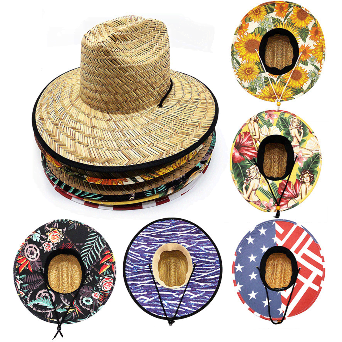 A wide-brimmed straw hat in natural colour with various vibrant patterned hat designs arranged around it.