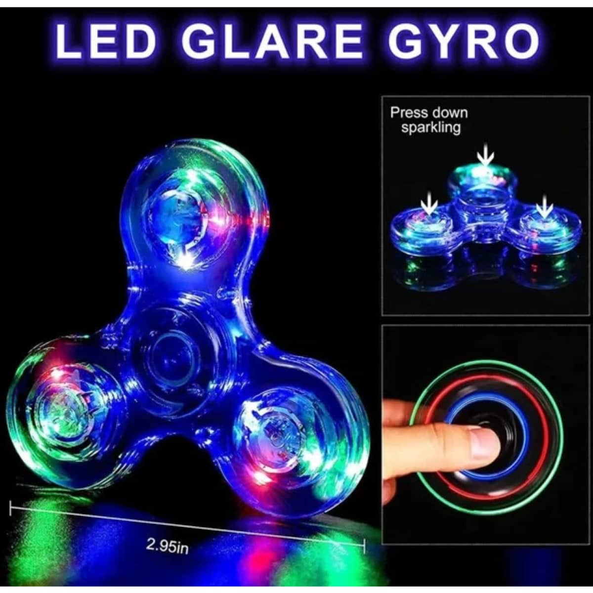 A fidget spinner with LED lights in blue, green, and red, featuring a shiny finish and a circular design.