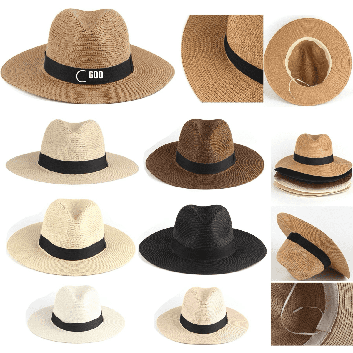 Various straw hats in shades of brown, cream, and black, featuring a black band and a logo on some.
