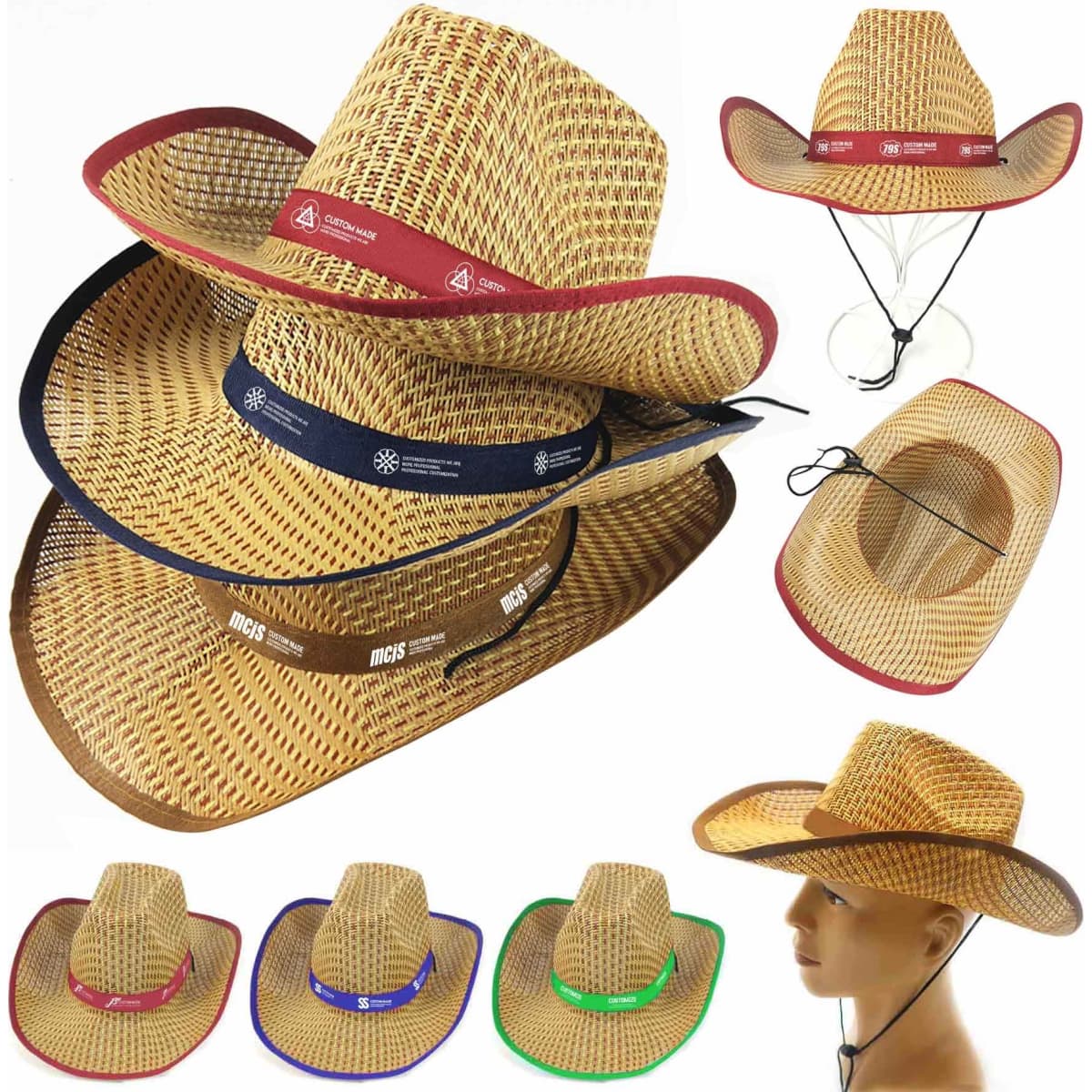 A collection of straw cowboy hats in various colours, featuring decorative bands and a mannequin displaying one hat.