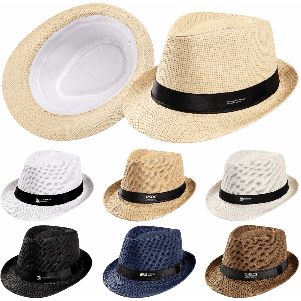 Eight assorted Panama hats in various colours, including beige, white, tan, black, and blue, featuring distinct bands and an inner lining.