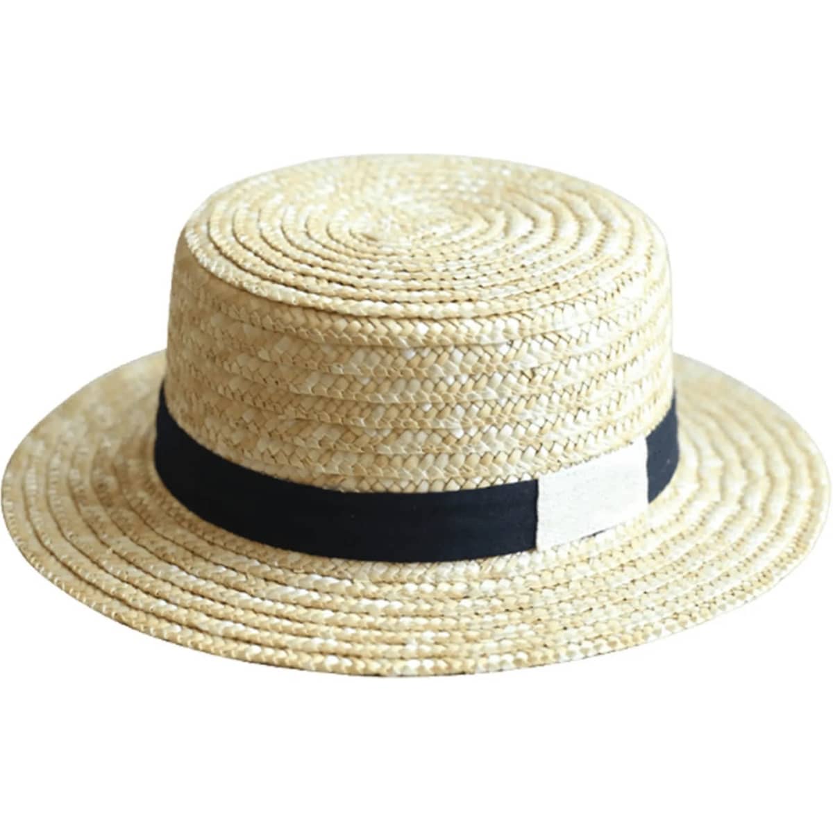A straw hat with a round crown and a wide brim, featuring a black and beige band.