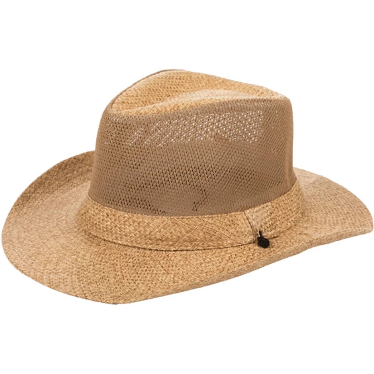 A straw hat in a tan colour with a mesh section and a decorative band. Features a circular logo on the side.