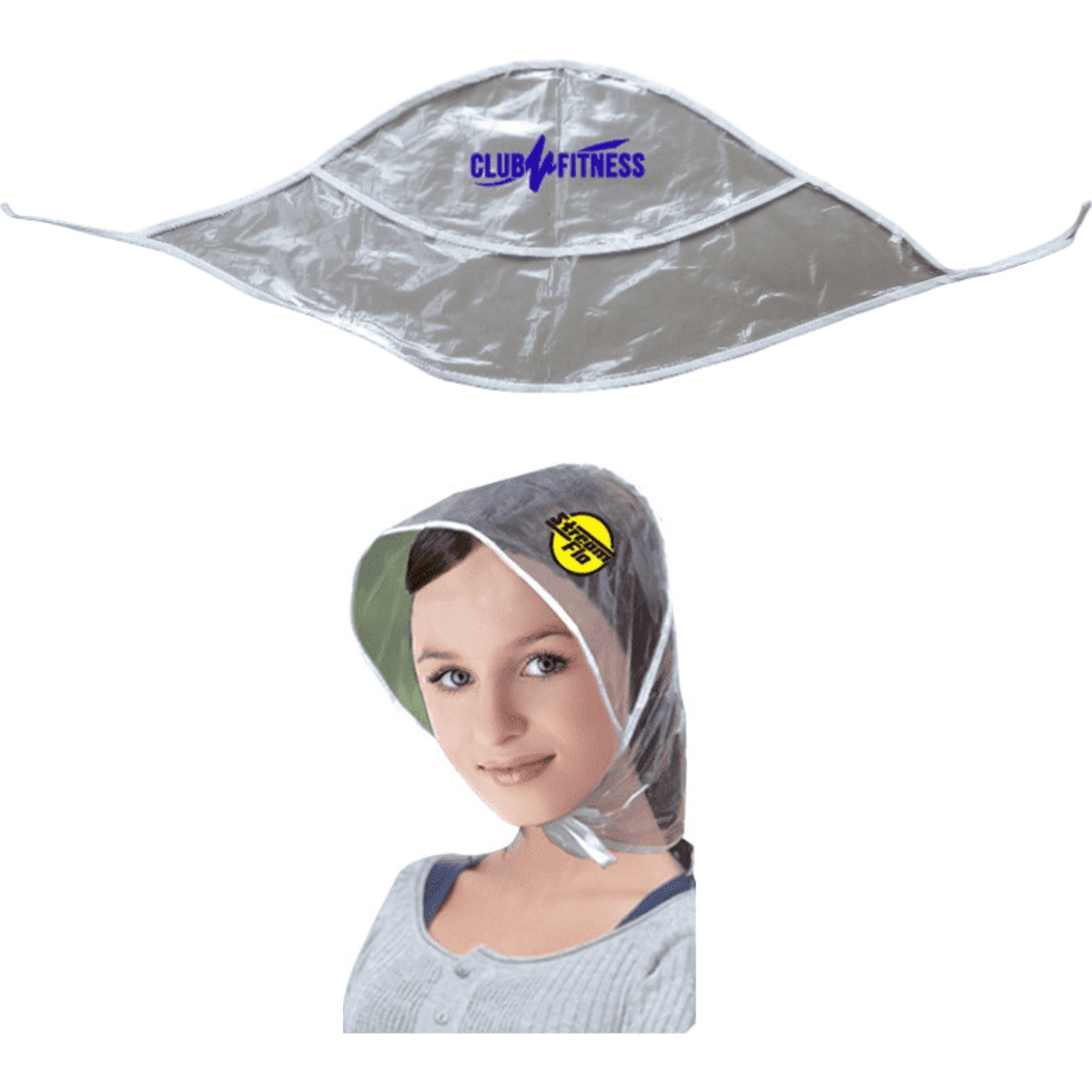 A silver rain bonnet with a logo, designed to cover the head and shoulders.