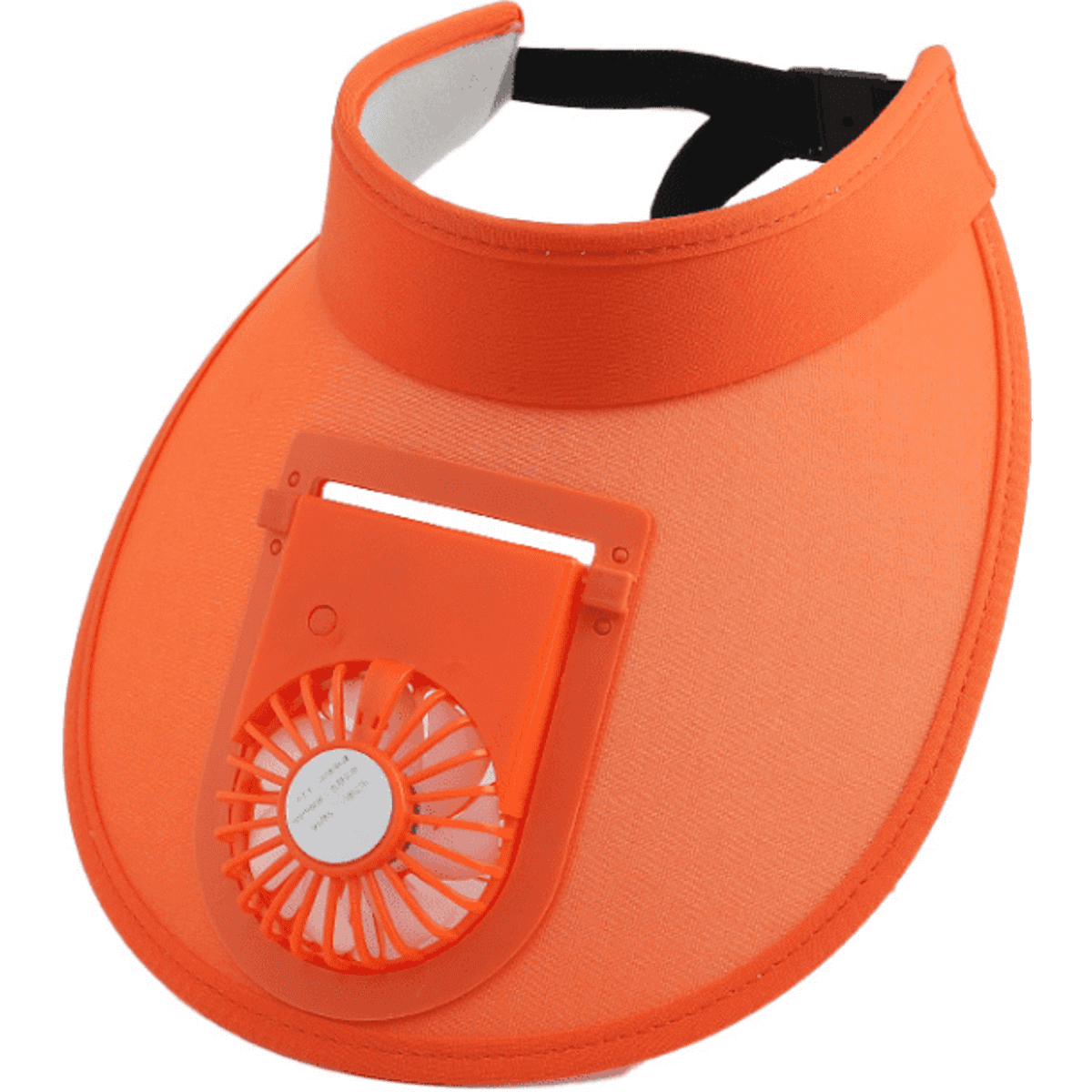 An orange visor hat with an attached fan, featuring an adjustable strap and a logo on the side.