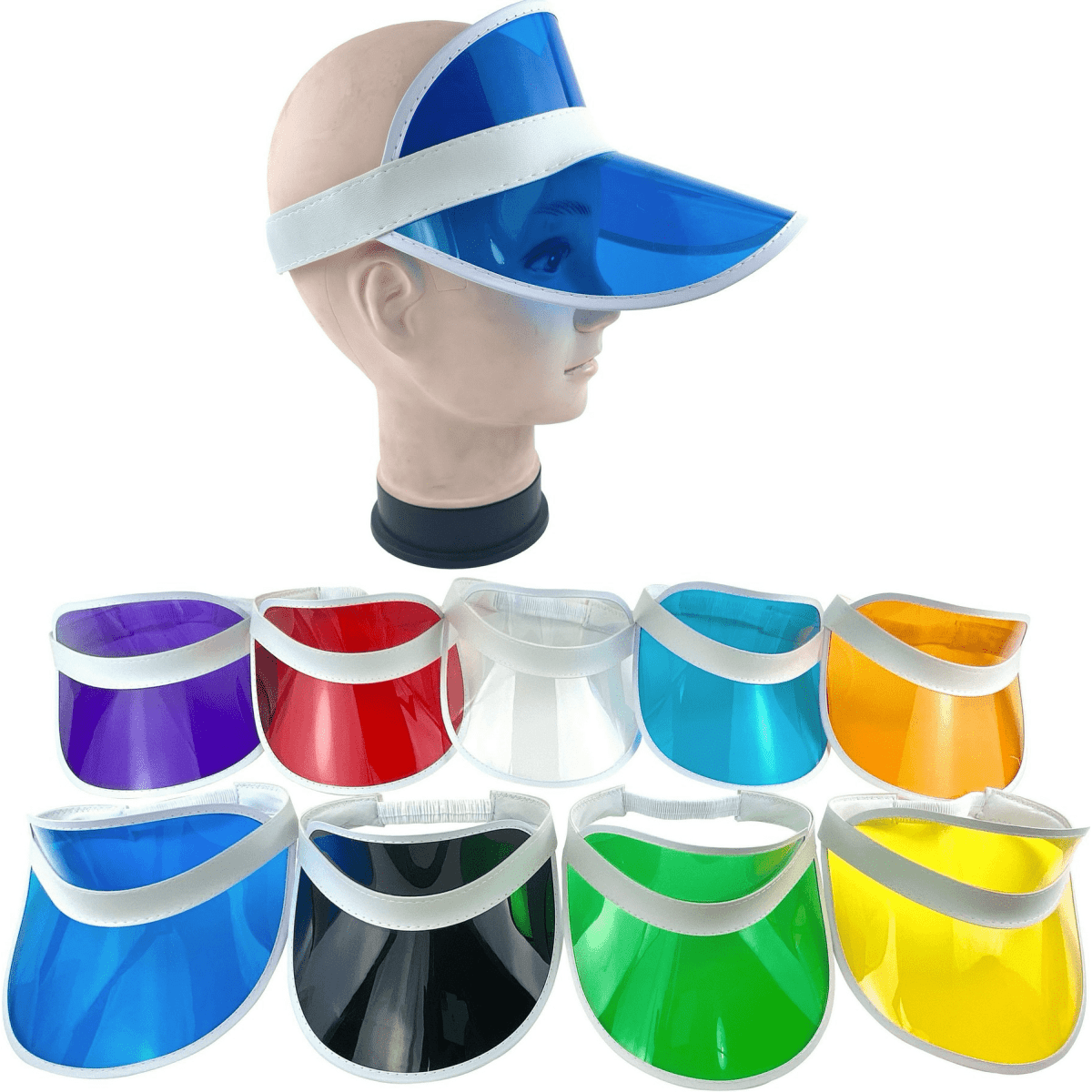 A collection of sun visors in various colours, featuring UV protection and a white band, displayed on a head model.