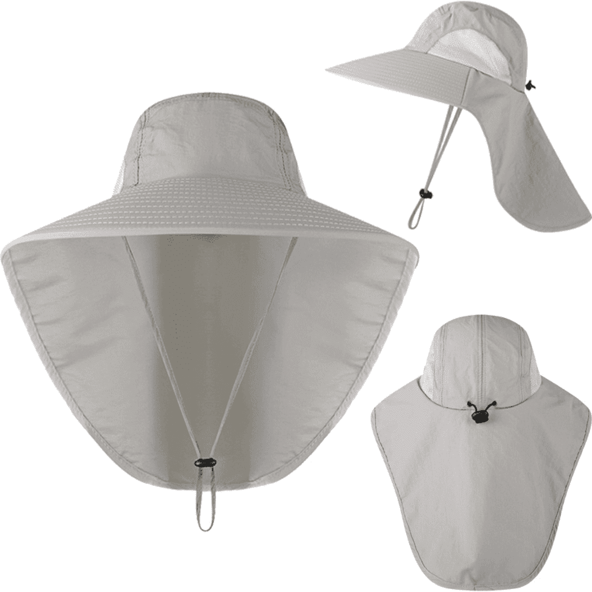 Wide brim bucket hat in light grey featuring a neck flap and an adjustable drawstring. Includes branding on the hat.