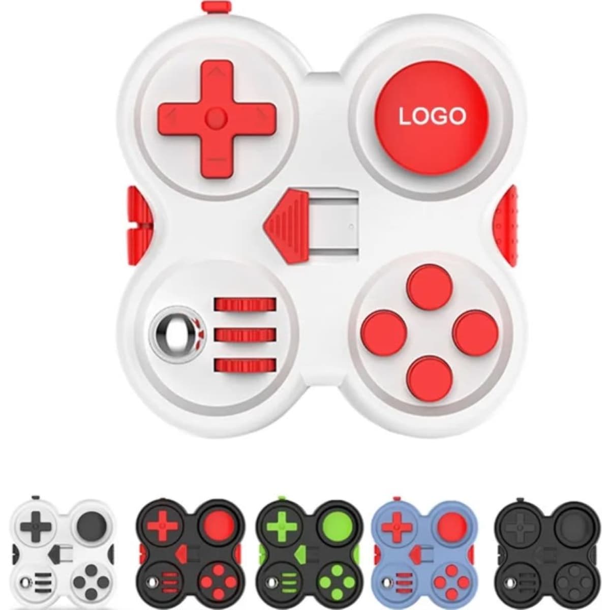 A fidget controller pad in white with red, black, green, and blue variations, featuring buttons and a logo.