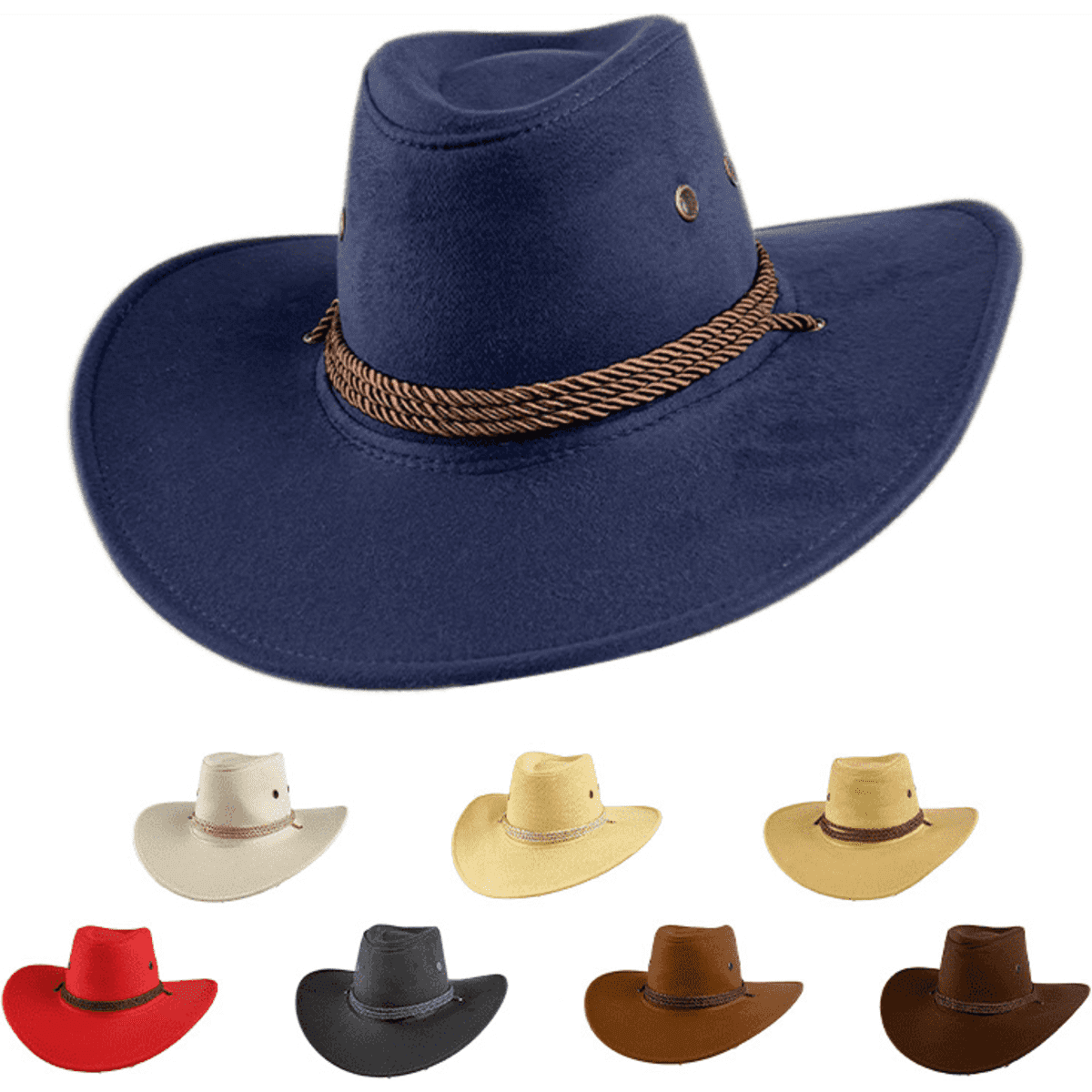 A navy cowboy hat featuring a braided band, surrounded by various coloured cowboy hats including red, beige, and black.