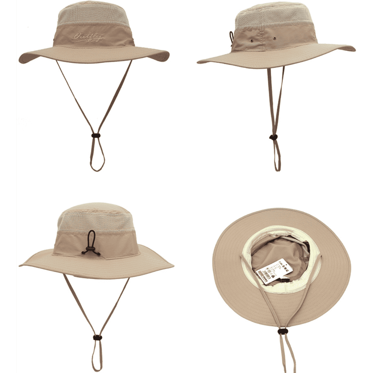 A tan bucket hat with a wide brim, mesh detailing, and a chin strap. It features a logo and multiple views.