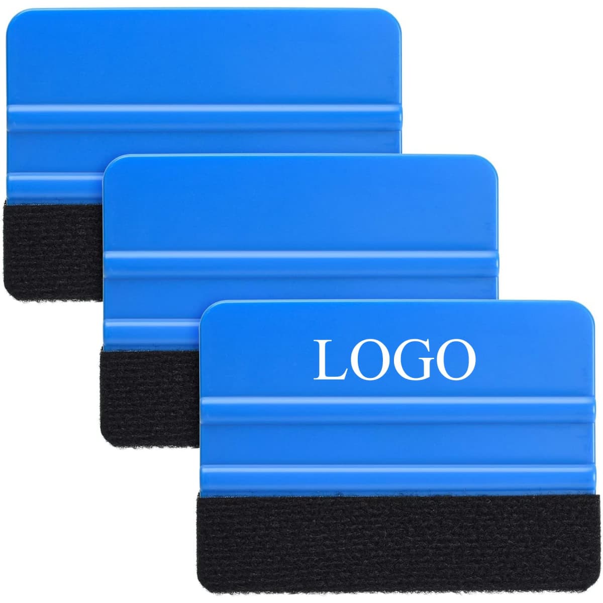 Three blue vinyl squeegee tools with a black felt edge and a logo on each one.
