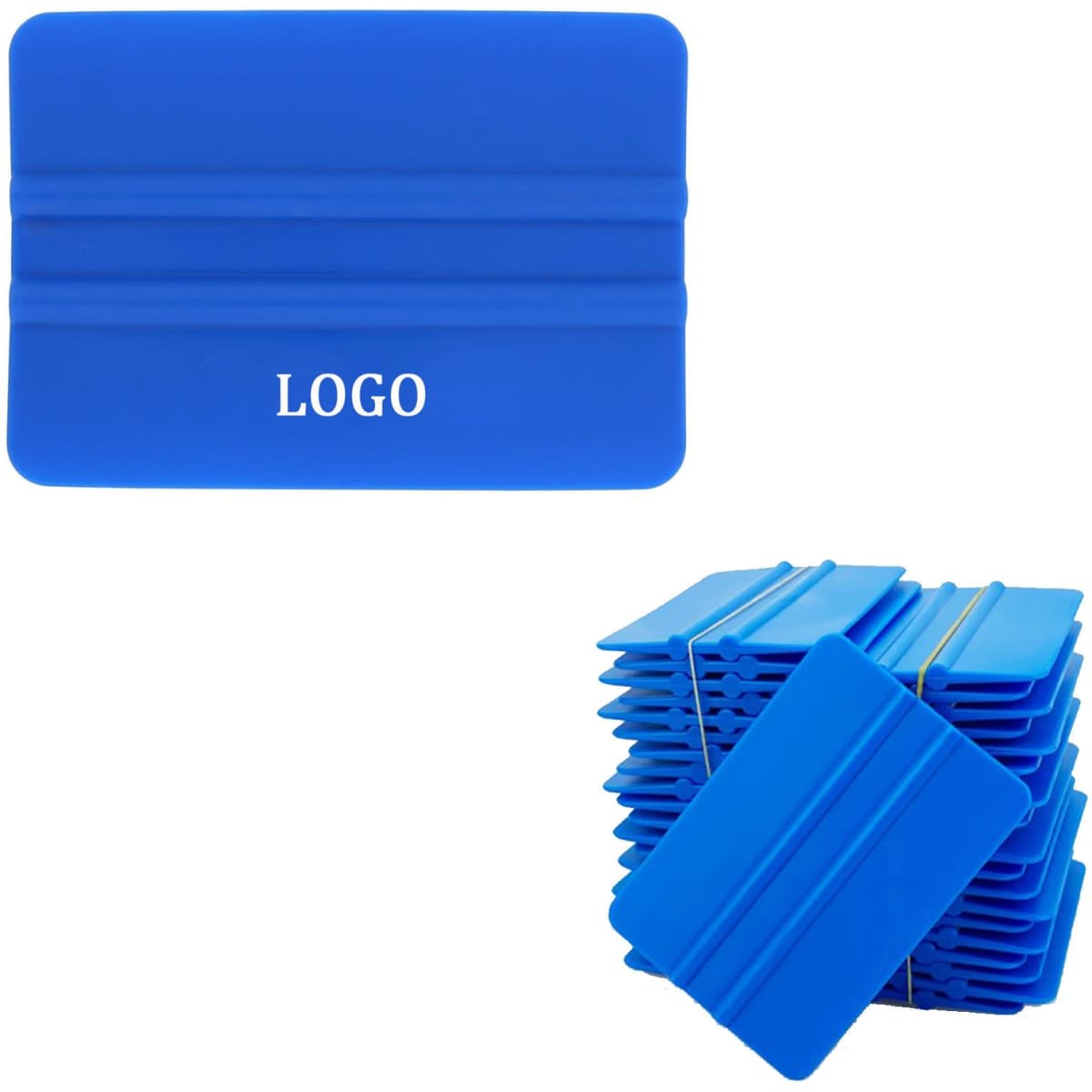 A blue hand squeegee tool, featuring a textured grip and stacked multiple units in the image. The tool has a logo.