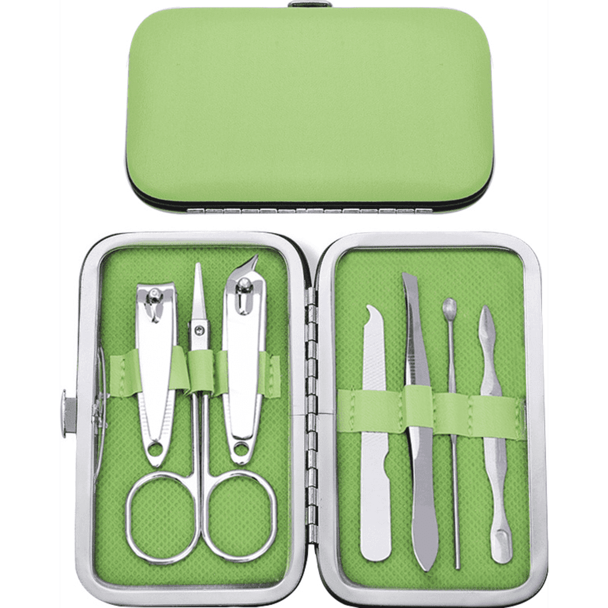 A green manicure set in a metal case, featuring scissors, clippers, a cuticle pusher, and other grooming tools.
