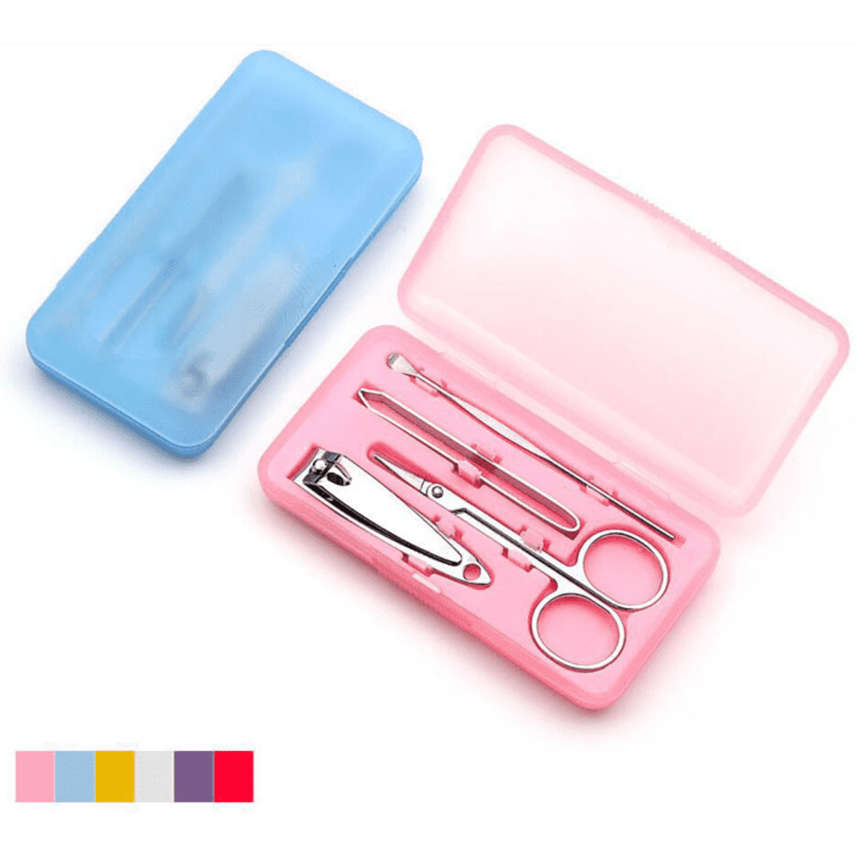 A pink and blue manicure set featuring nail scissors, a nail clipper, and other tools in a compact case.
