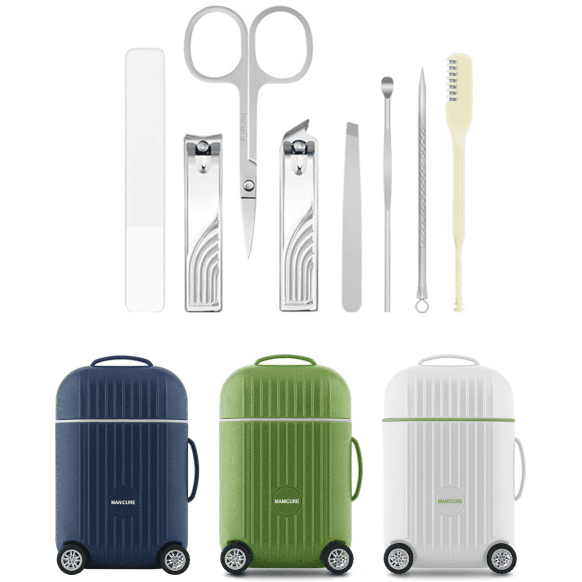 A luggage-shaped manicure set featuring scissors, nail clippers, a file, tweezers, and a tool, in blue, green, and white.
