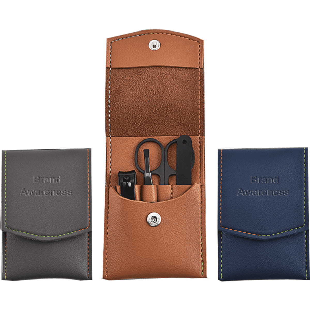 A four-piece manicure set in a brown pouch, featuring grey and navy cases. Includes scissors, nail clippers, and tools.