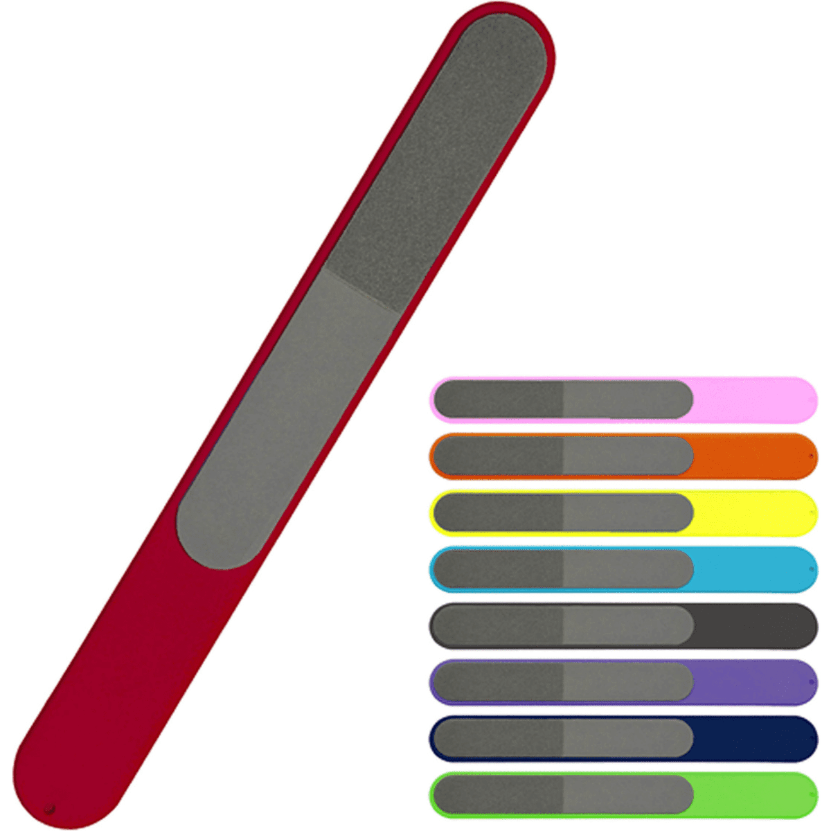 A red nail file with a textured surface, accompanied by a variety of coloured nail files in shades like pink, blue, and green.