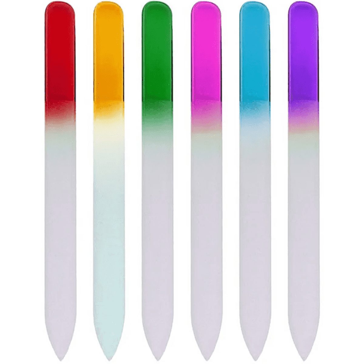 A set of six glass nail files in various colours: red, yellow, green, pink, and purple, with a transparent base.