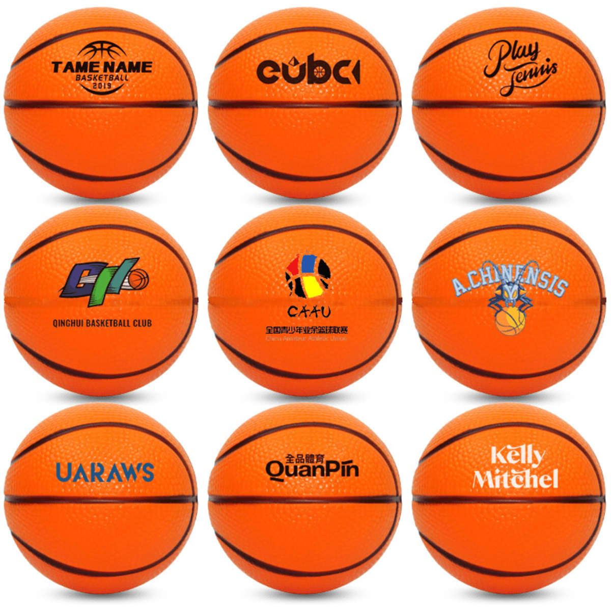 Nine orange basketball-shaped stress relievers arranged in a grid, each featuring a different logo.