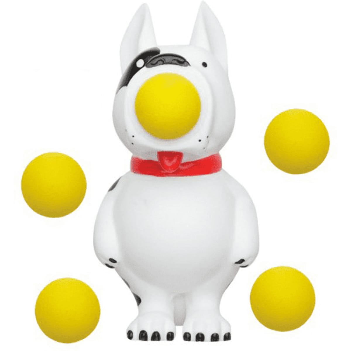 A white dog-shaped toy with a red collar, accompanied by four yellow popper balls. It has a logo on it.