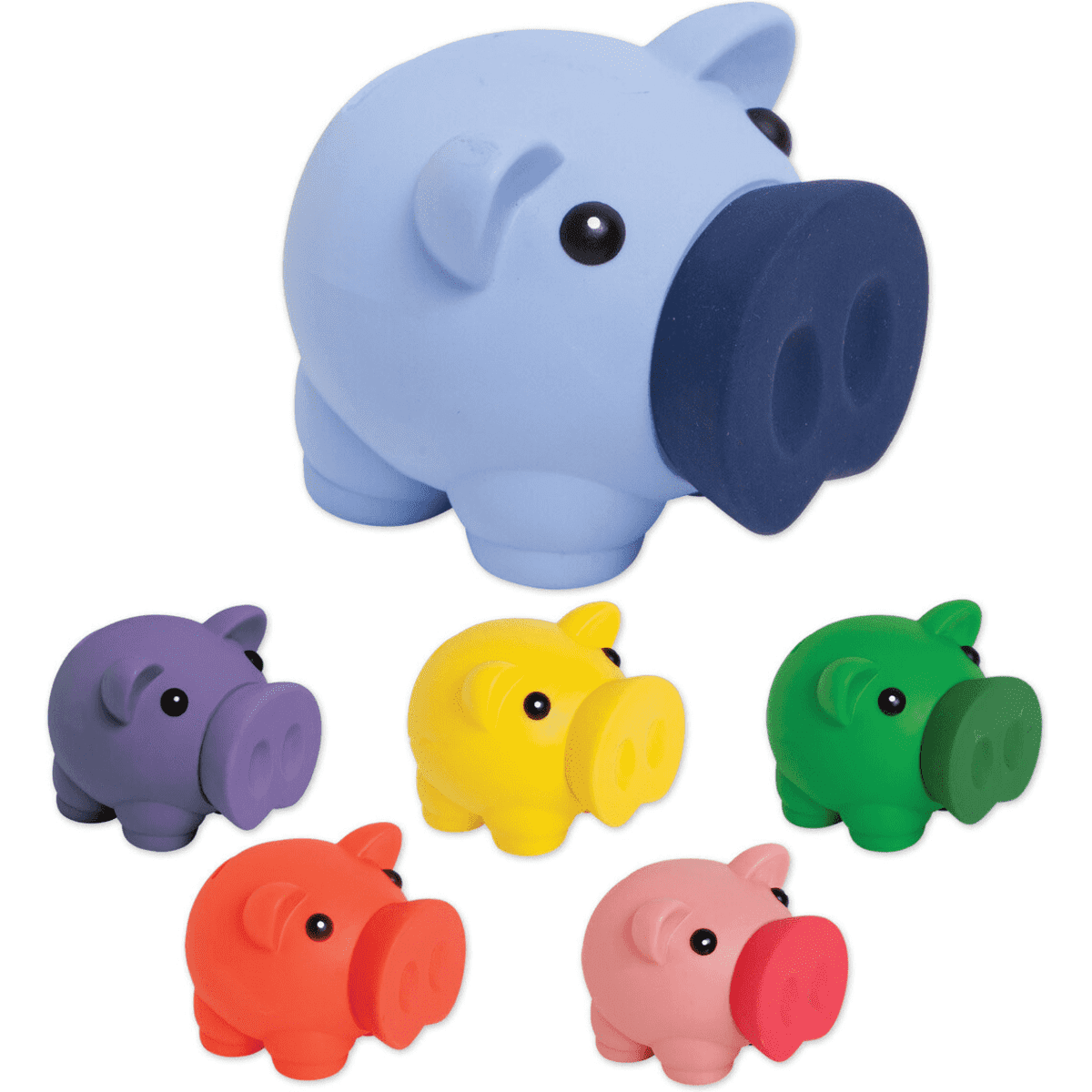 A collection of piggy coin banks in various colours: blue, purple, yellow, green, red, and pink, featuring a big nose design.