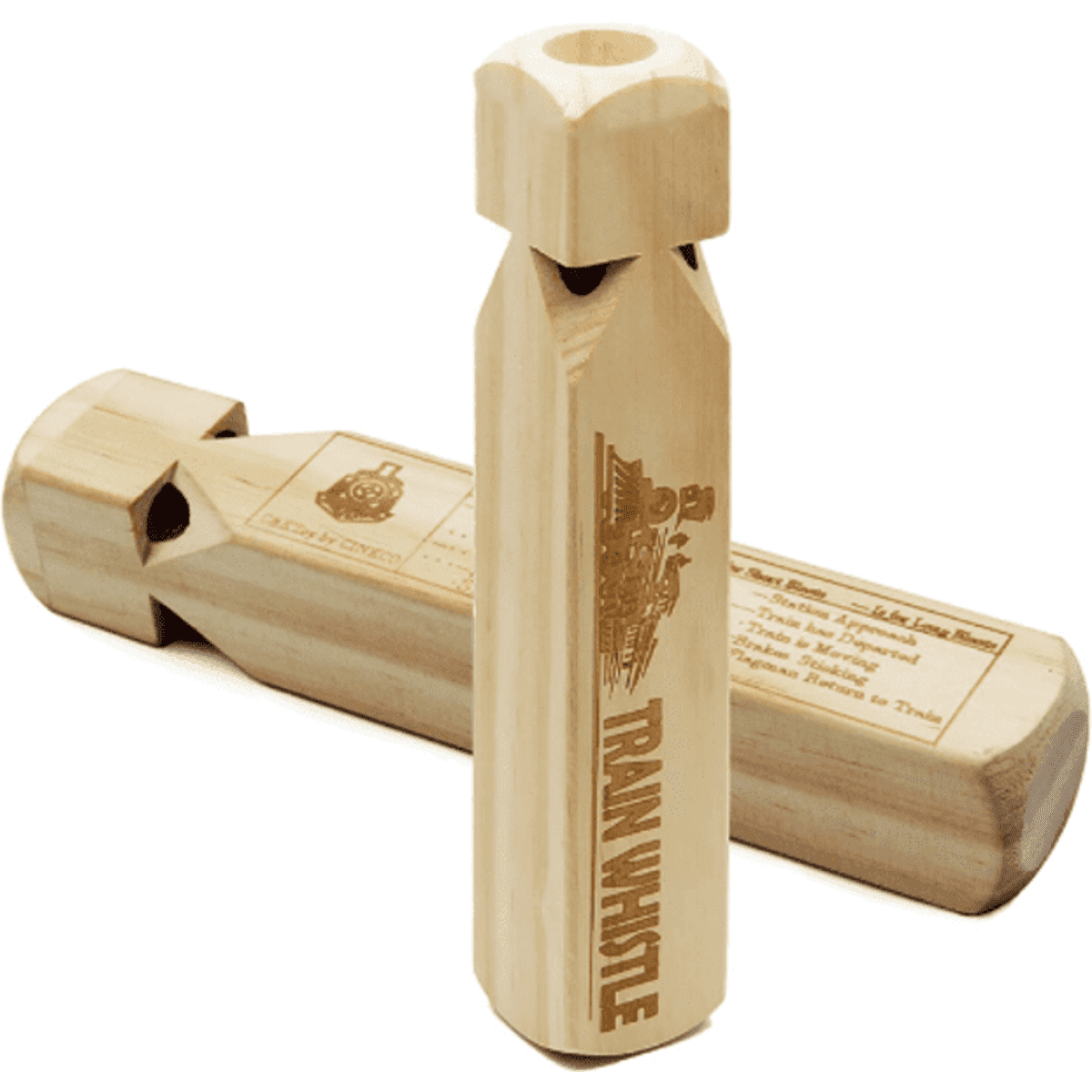 A wooden train whistle in natural wood finish, featuring engraved details and a simple design. Includes branding on the back.