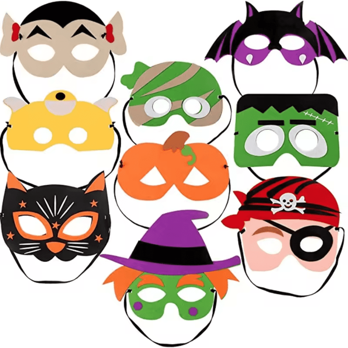 A set of ten coloured Halloween face masks including a vampire, bat, pumpkin, witch, and pirate designs.