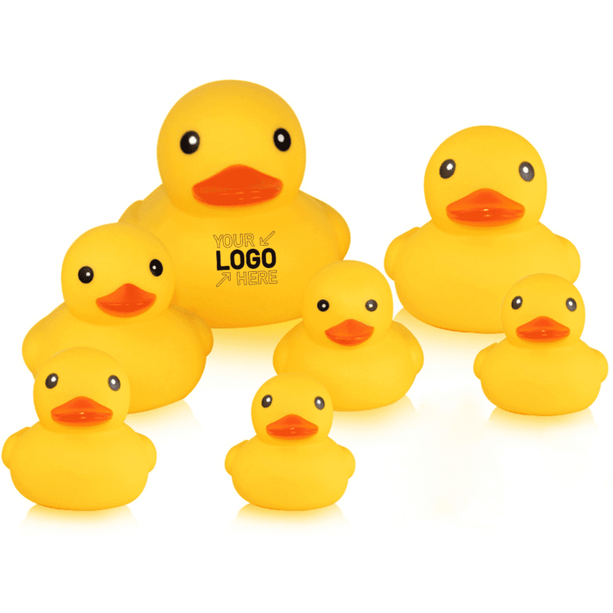 A group of yellow rubber duck toys in various sizes, featuring one with a logo.