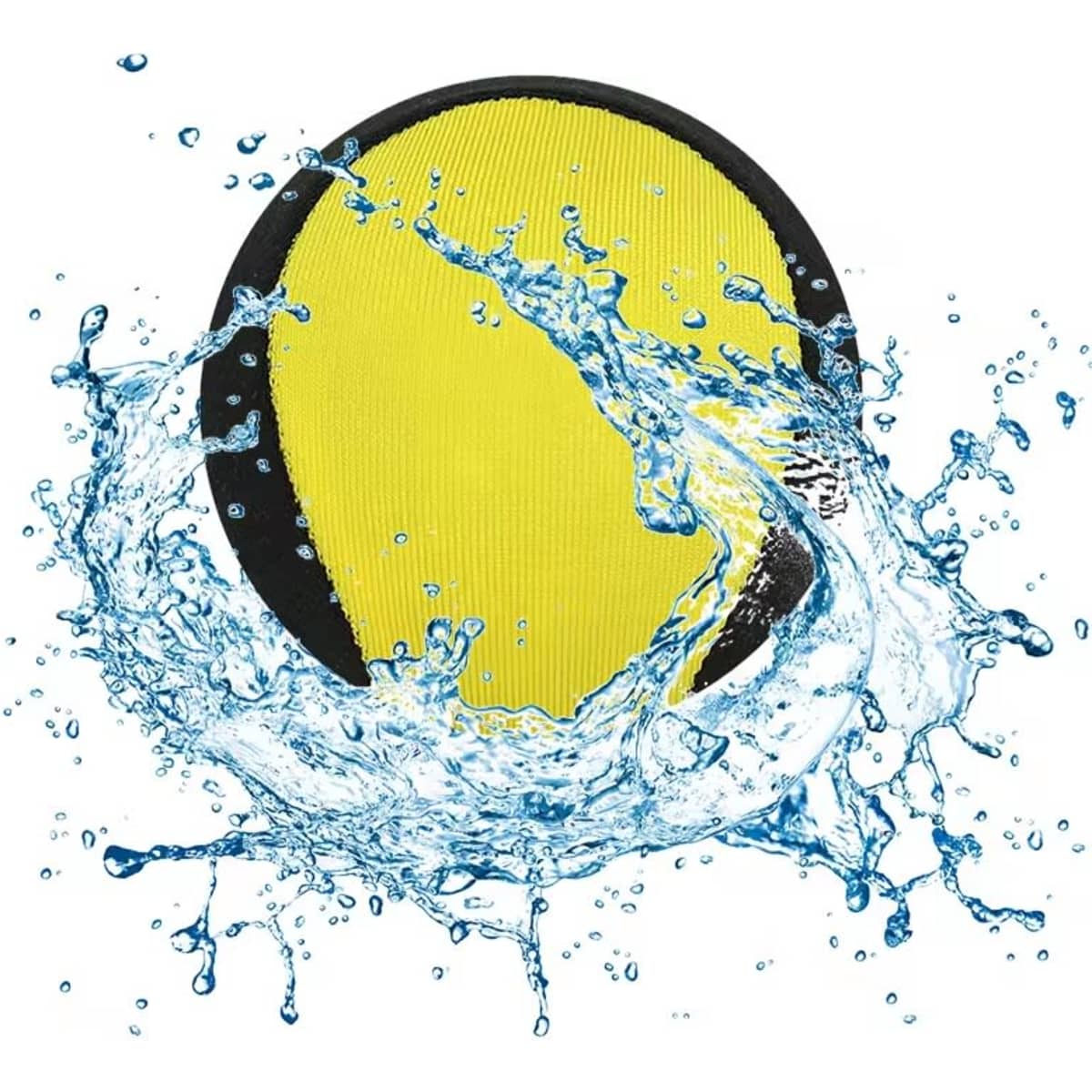 A yellow and black water skip ball surrounded by splashes of water, featuring a logo on the surface.