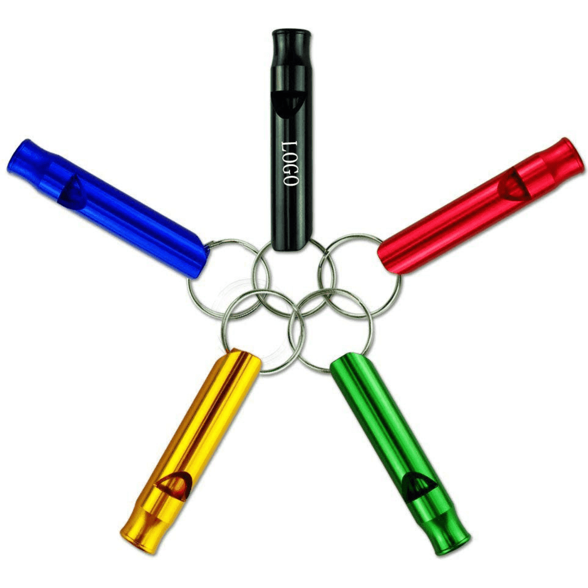 A set of five colourful whistle keychains in blue, red, green, yellow, and black, attached to keyrings.