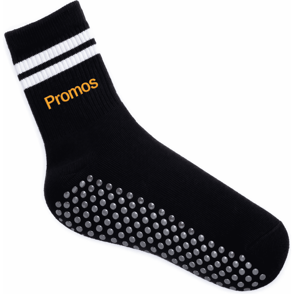 A black sock with white stripes at the top and rubber grips on the sole, featuring an orange logo.