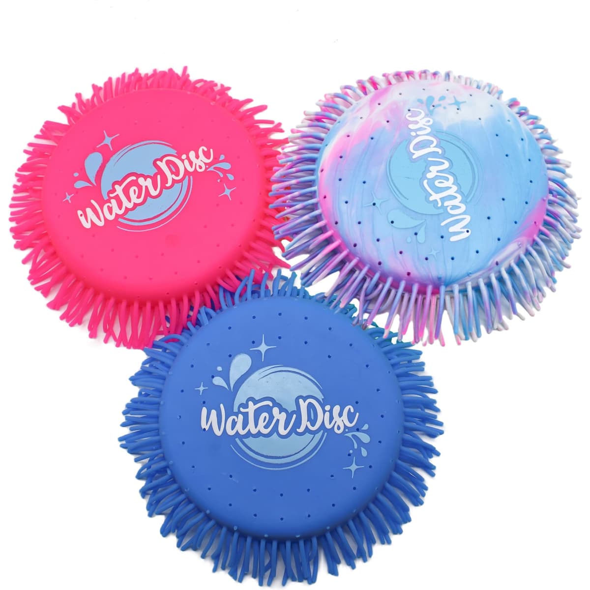 Three flying discs in pink, blue, and a blue/pink swirl design, featuring a logo on the surface.